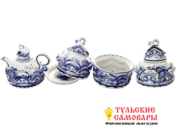 Набор для чая "Деревенька" Гжель фото 1 — Samovars.ru
